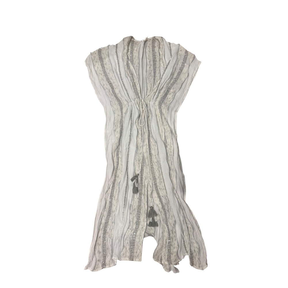 Surf Gypsy Striped Tassel Swim Coverup in White and Gray